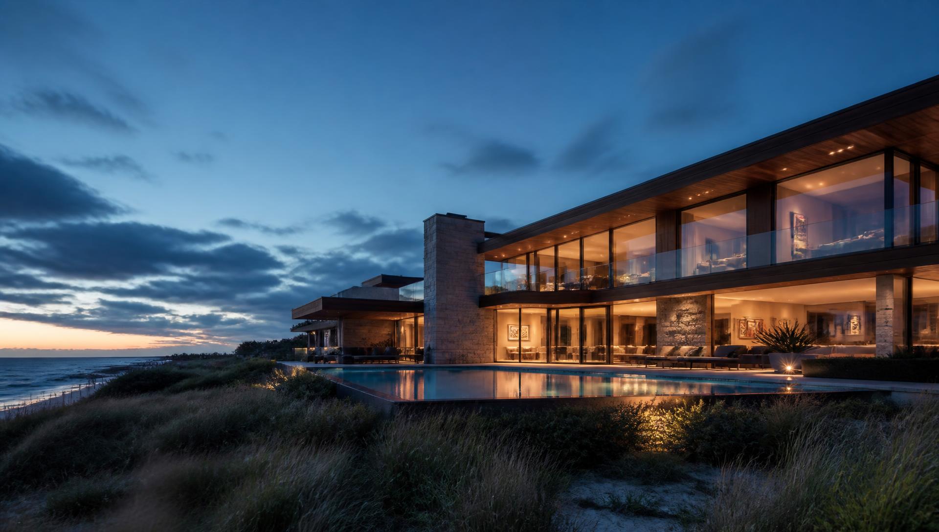 Oceanfront luxury custom home built by Citarelli Construction at dusk